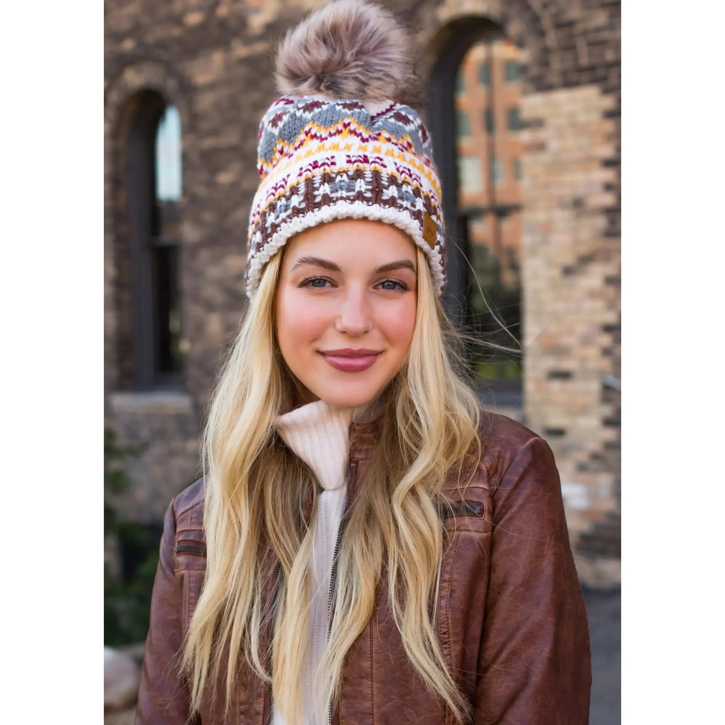 Patterned Knit Hat with Faux Fur Pom