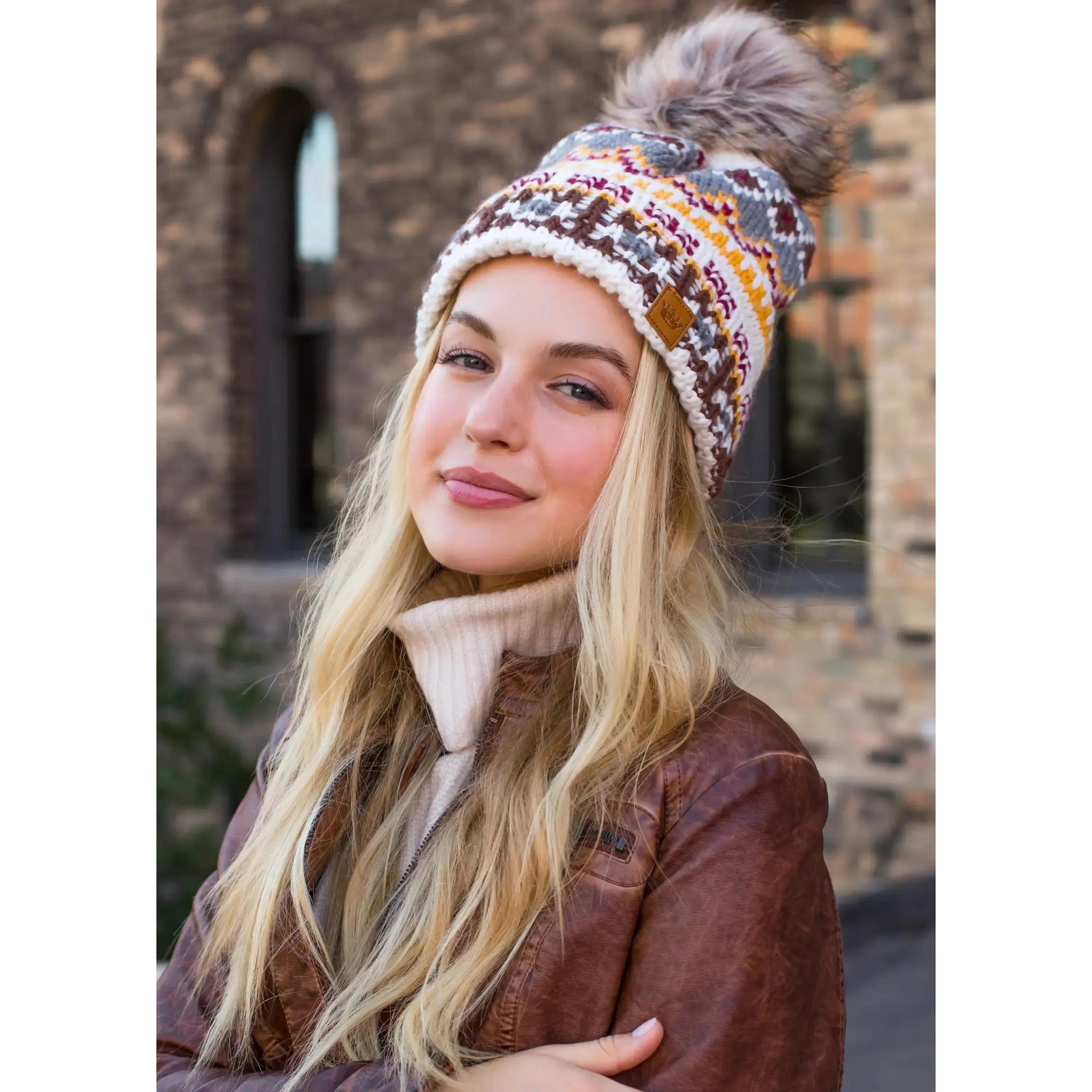 Patterned Knit Hat with Faux Fur Pom