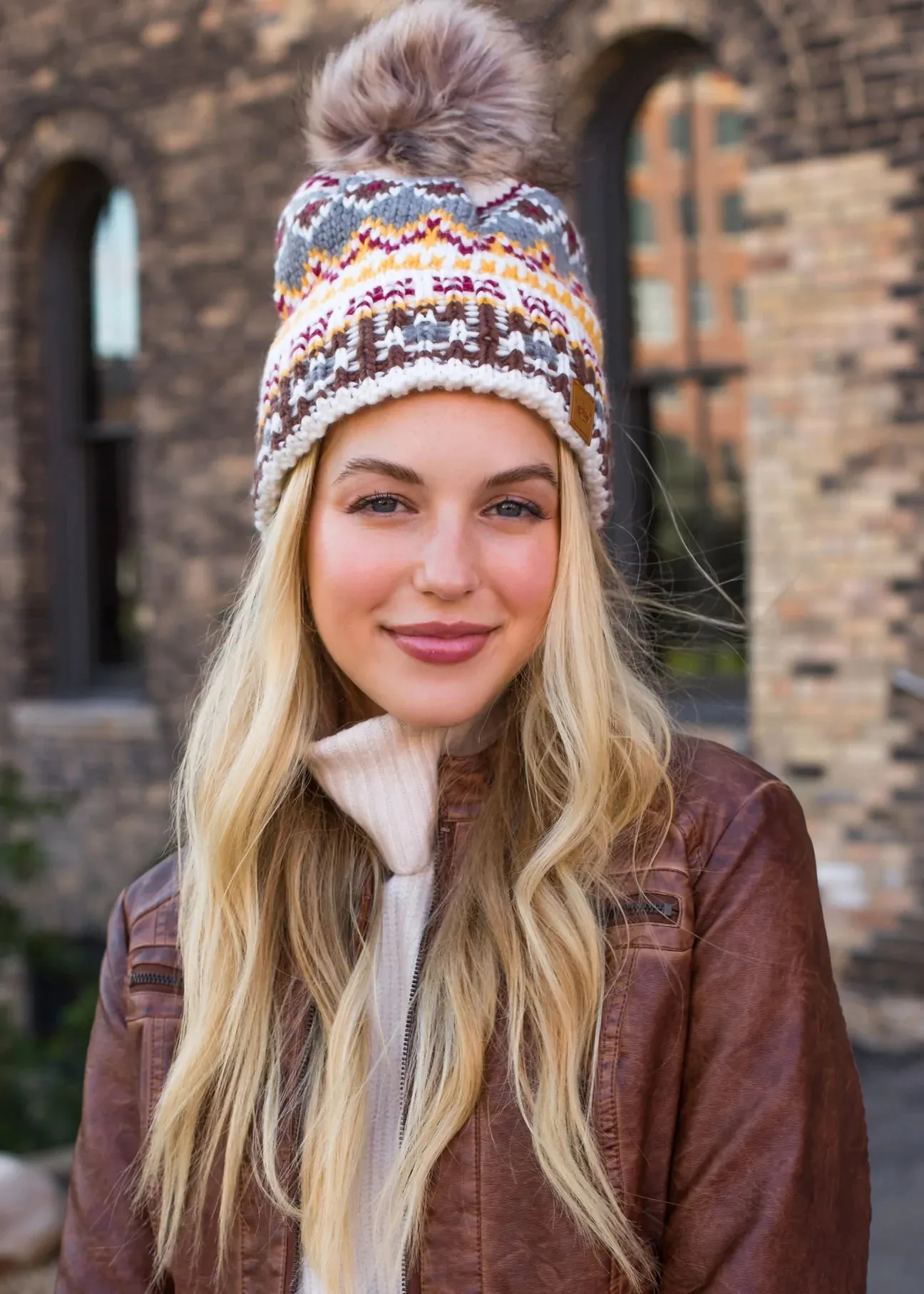 Patterned Knit Hat with Faux Fur Pom