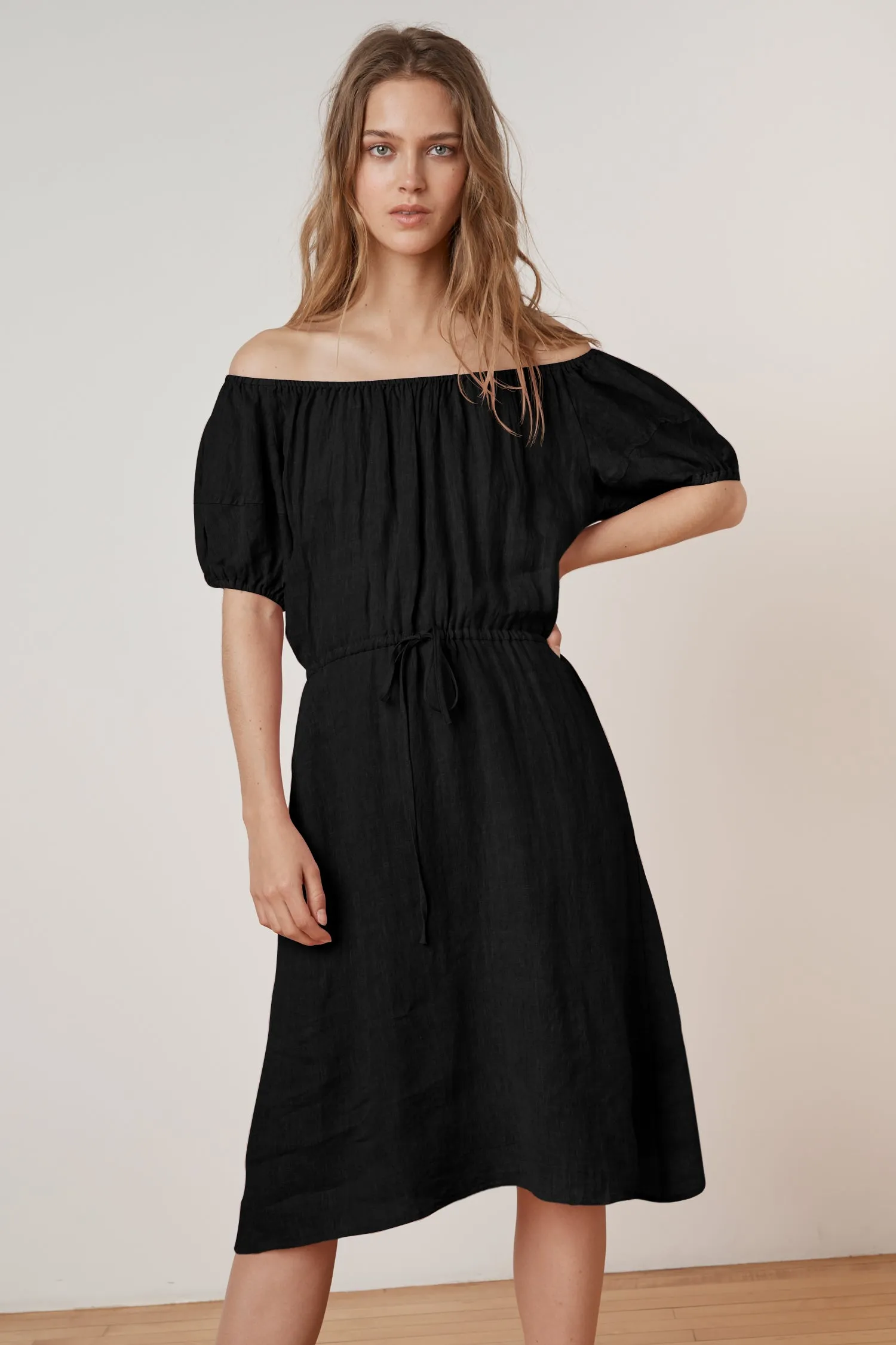 PAULINE WOVEN LINEN OFF THE SHOULDER TIE DRESS IN BLACK