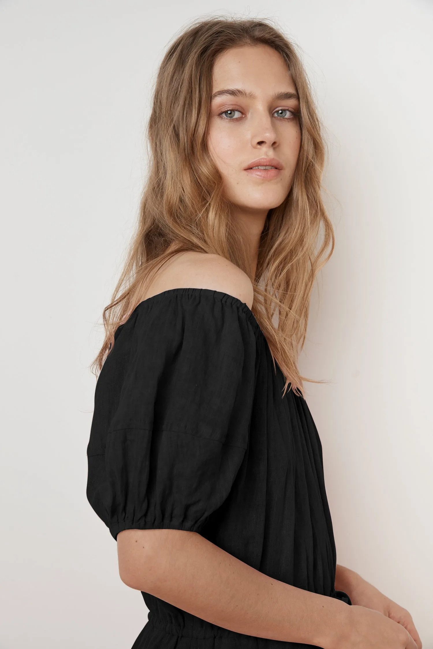 PAULINE WOVEN LINEN OFF THE SHOULDER TIE DRESS IN BLACK