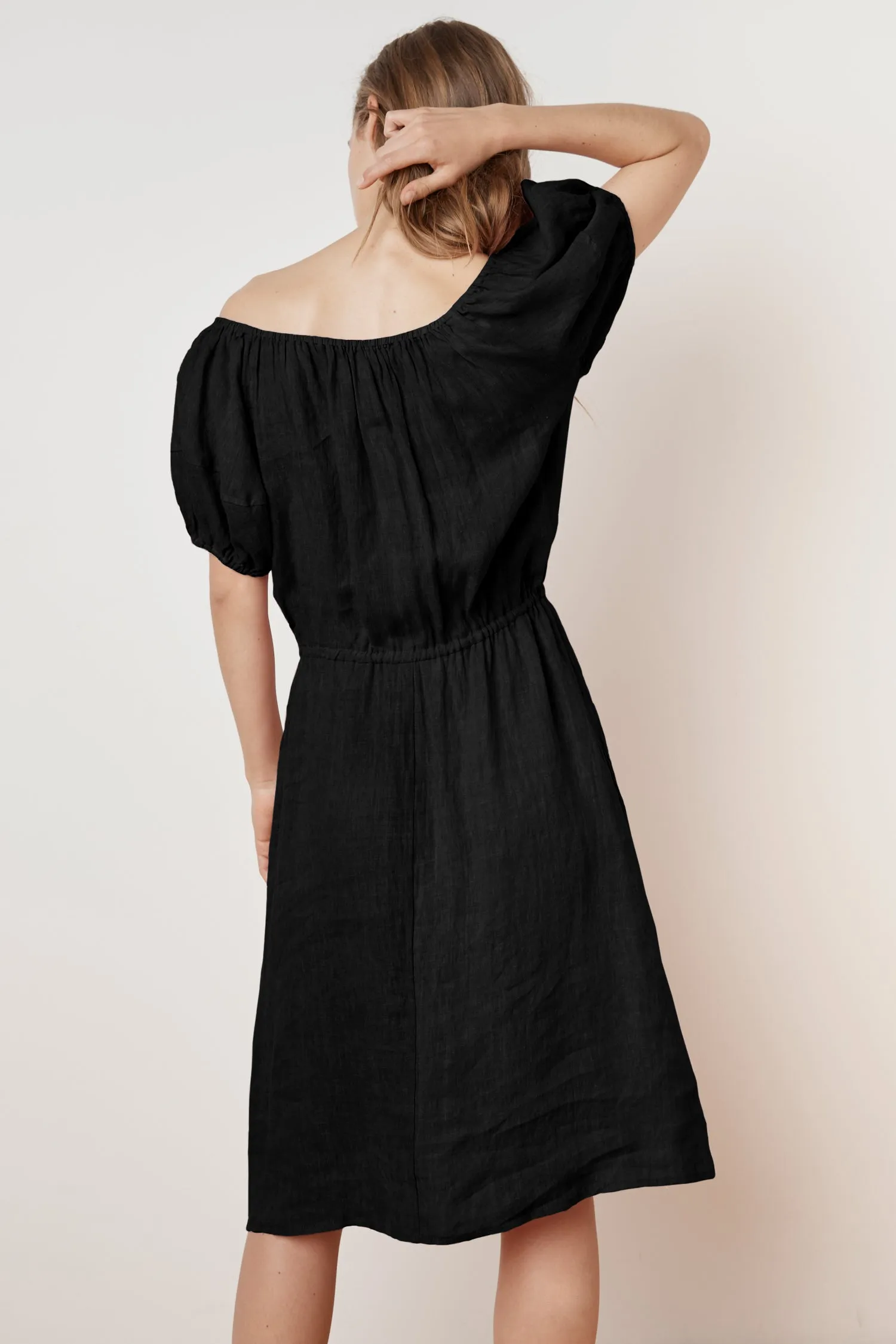 PAULINE WOVEN LINEN OFF THE SHOULDER TIE DRESS IN BLACK