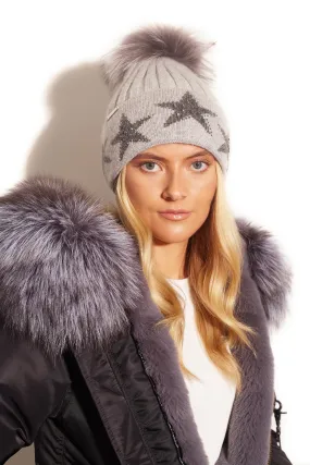 Phoenix Star Embellished Pom Pom Hat - Grey