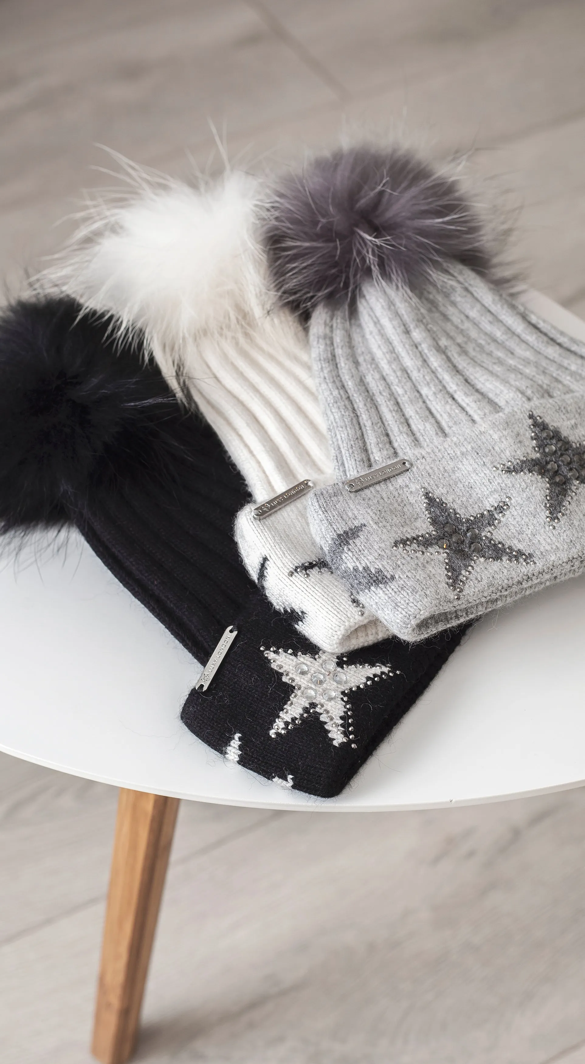 Phoenix Star Embellished Pom Pom Hat - Grey