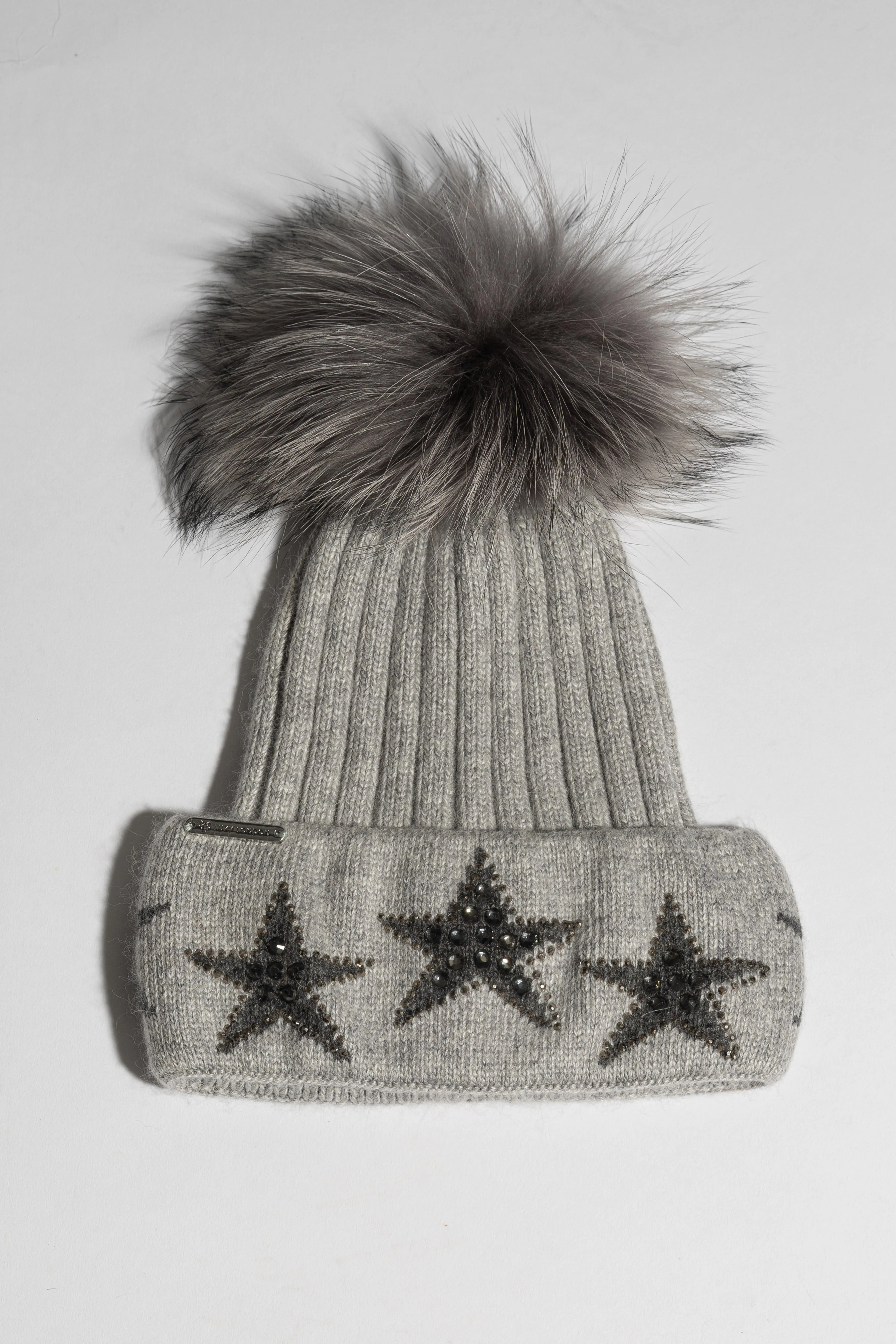 Phoenix Star Embellished Pom Pom Hat - Grey