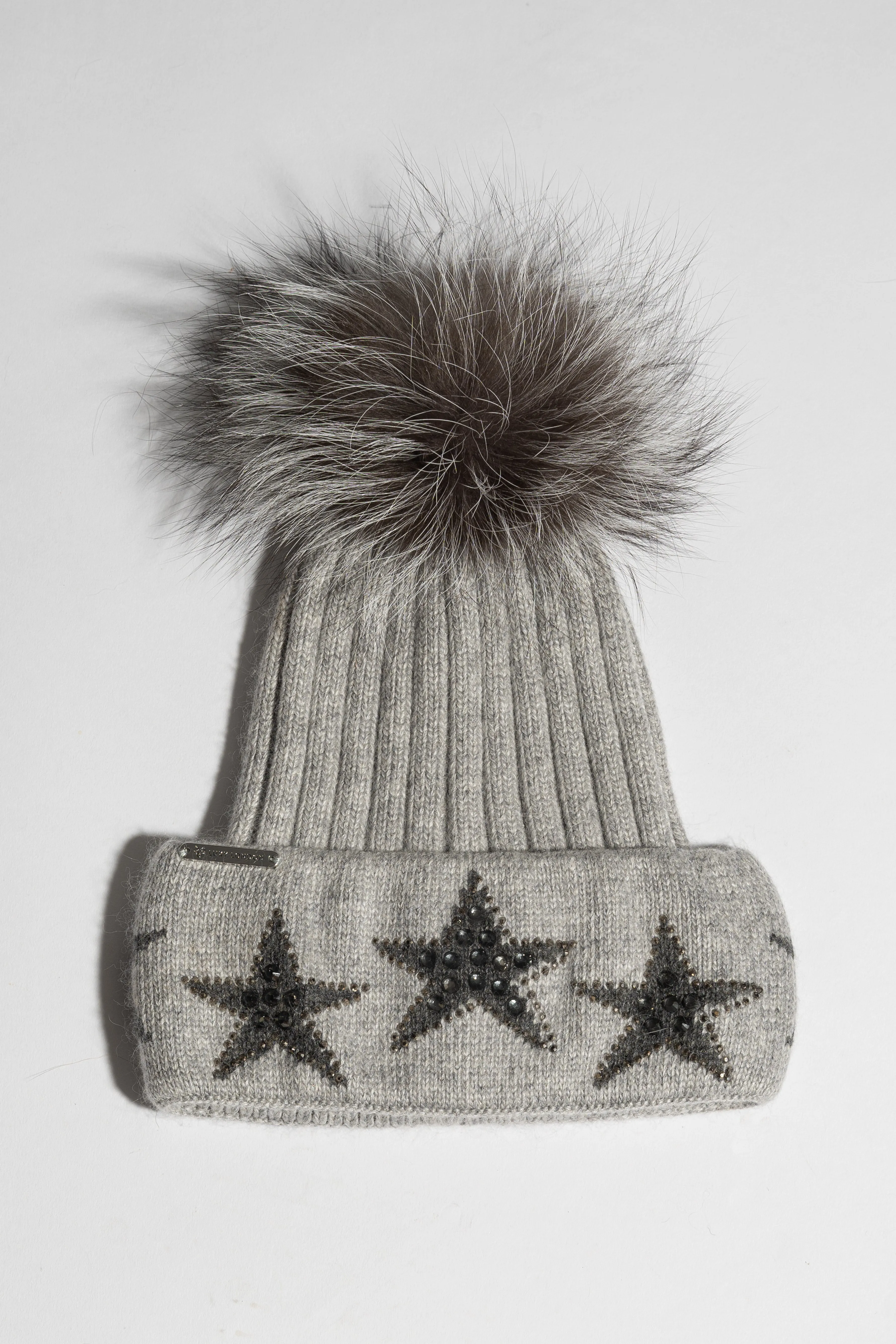 Phoenix Star Embellished Pom Pom Hat - Grey