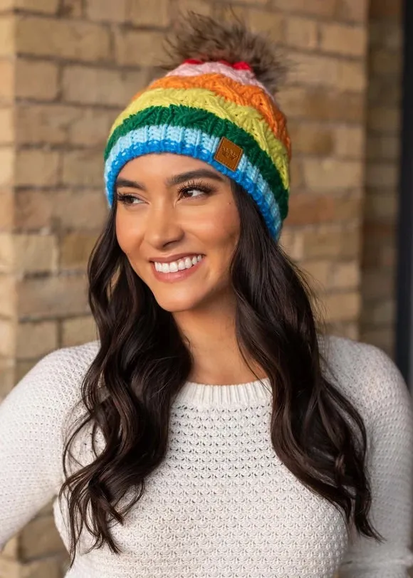 Pink Rainbow Stripe Cable Knit Hat with Pom