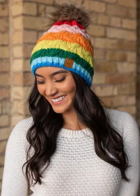 Pink Rainbow Stripe Cable Knit Hat with Pom