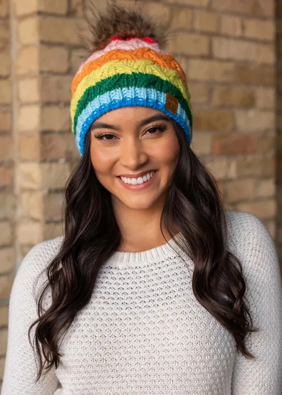 Pink Rainbow Stripe Cable Knit Hat with Pom