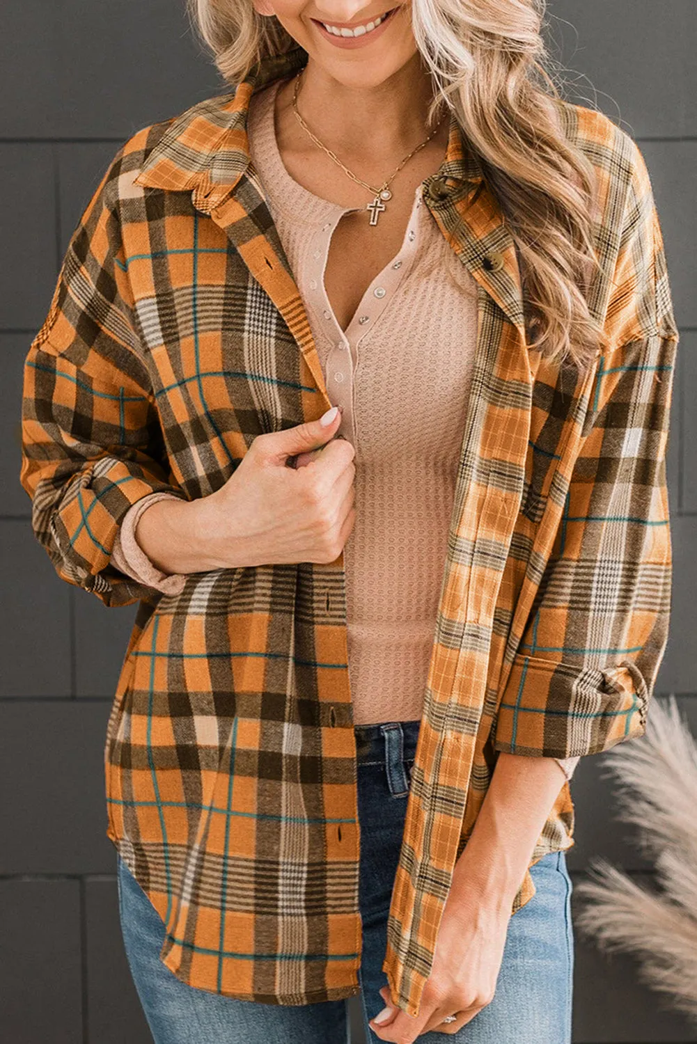 Plaid Button-Up Shirt with Collared Neck and Long Sleeves