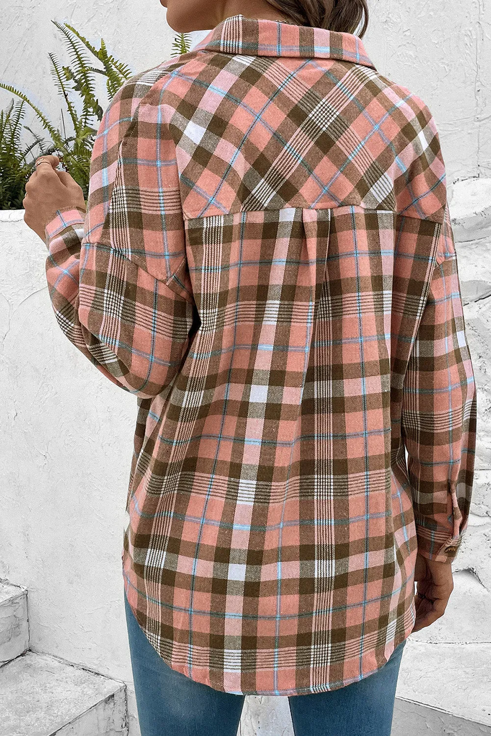 Plaid Button-Up Shirt with Collared Neck and Long Sleeves