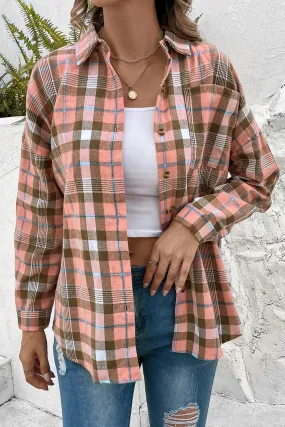 Plaid Button-Up Shirt with Collared Neck and Long Sleeves