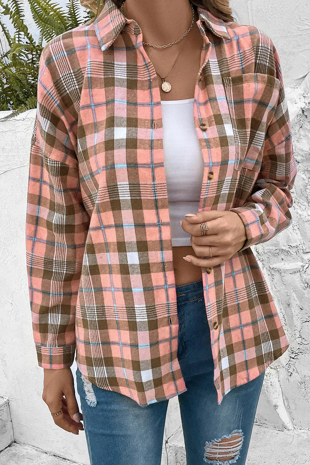 Plaid Button-Up Shirt with Collared Neck and Long Sleeves