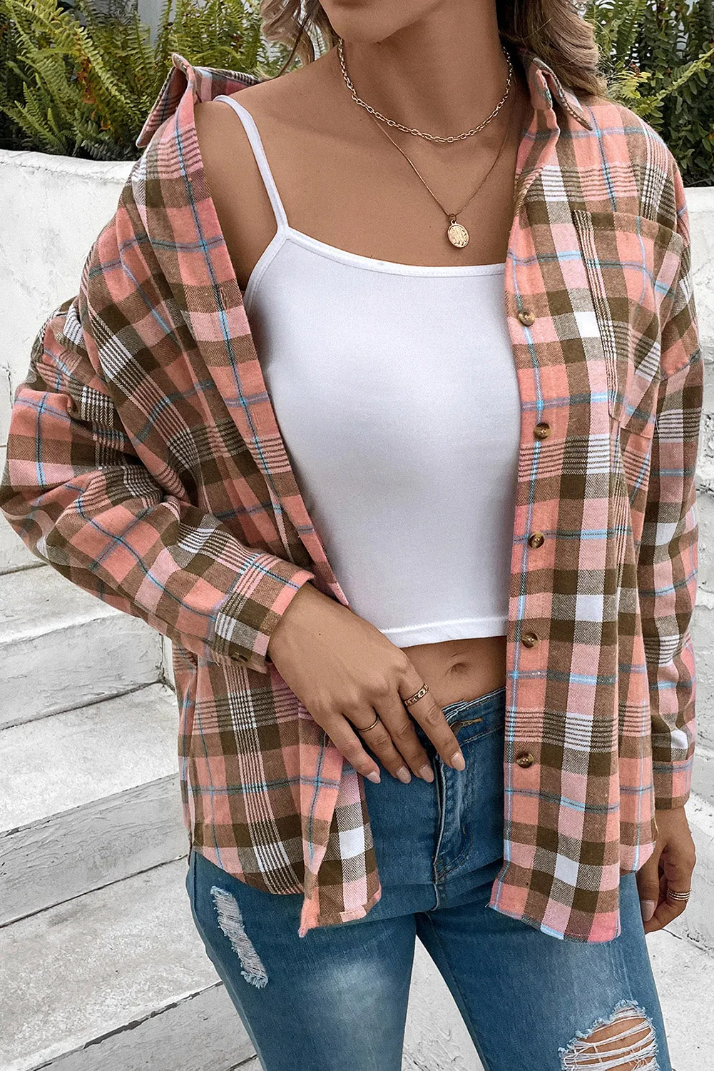 Plaid Button-Up Shirt with Collared Neck and Long Sleeves