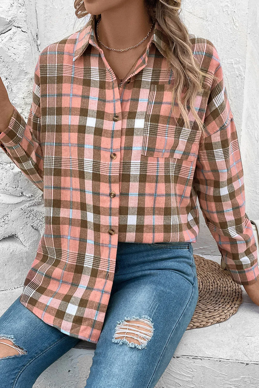 Plaid Button-Up Shirt with Collared Neck and Long Sleeves