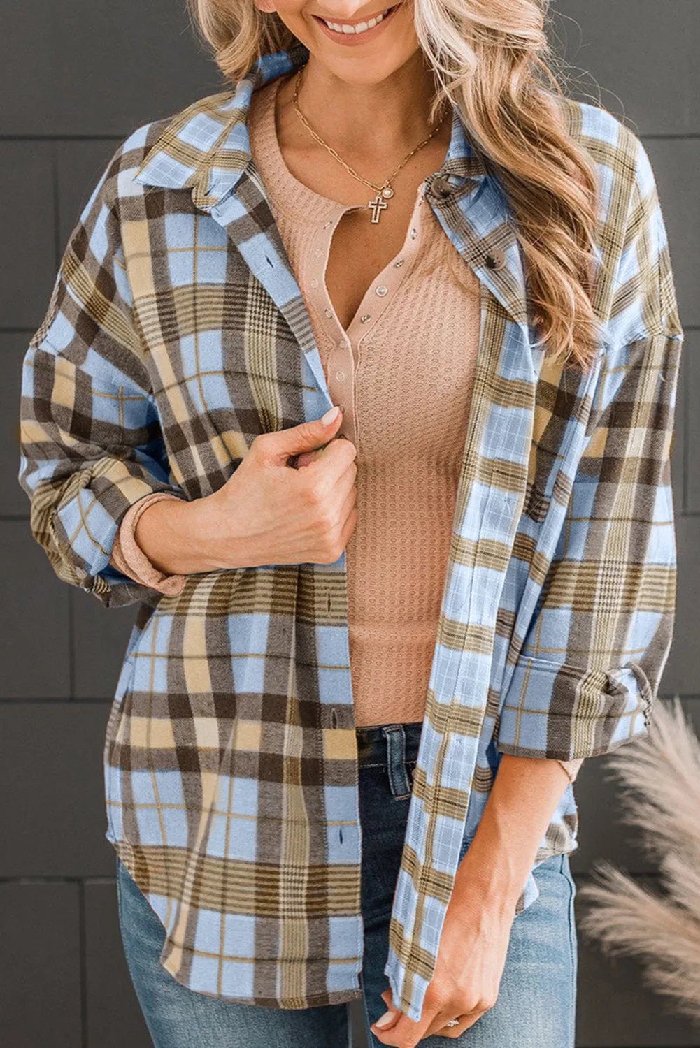 Plaid Button-Up Shirt with Collared Neck and Long Sleeves