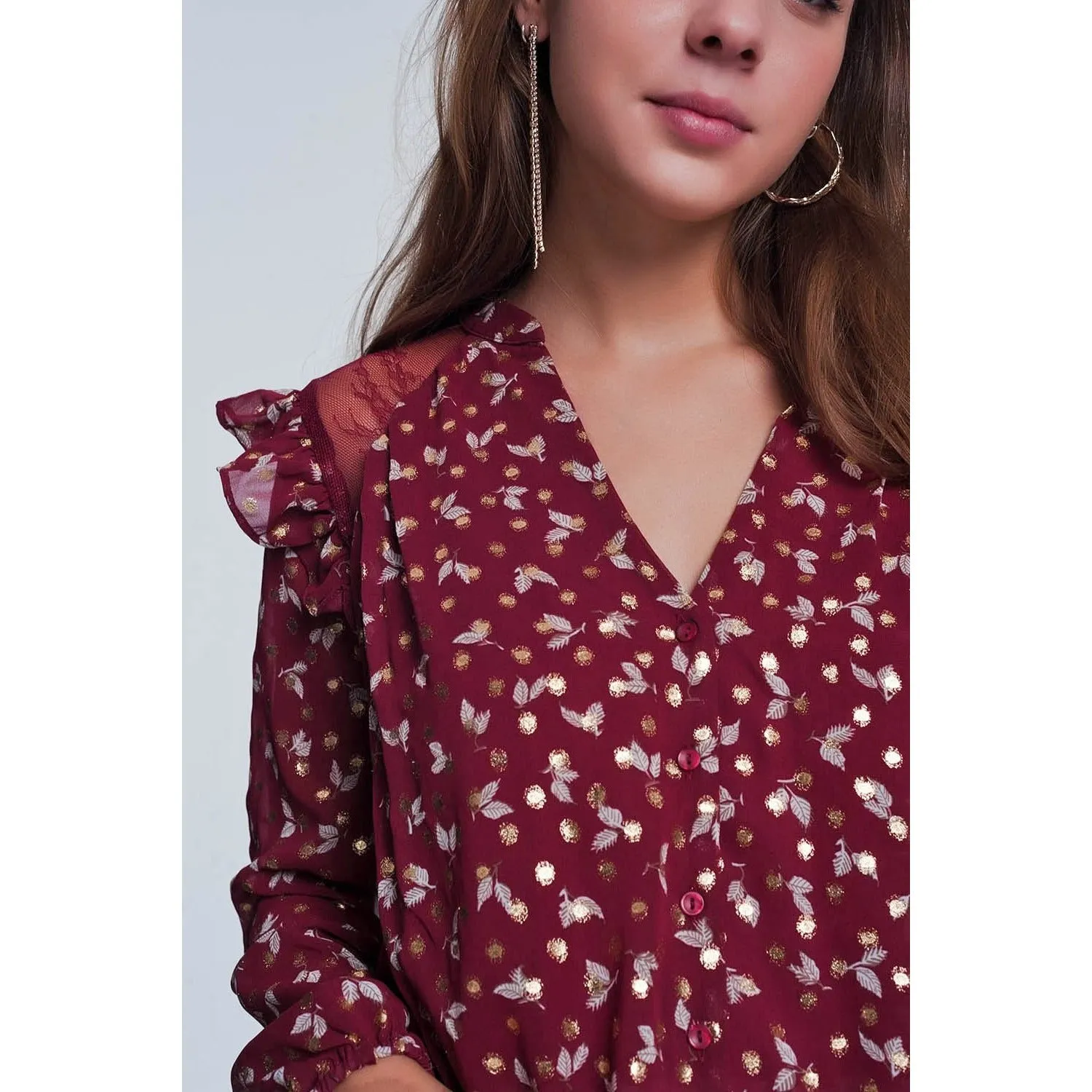 Print Ruffle Shoulder Maroon Shirt