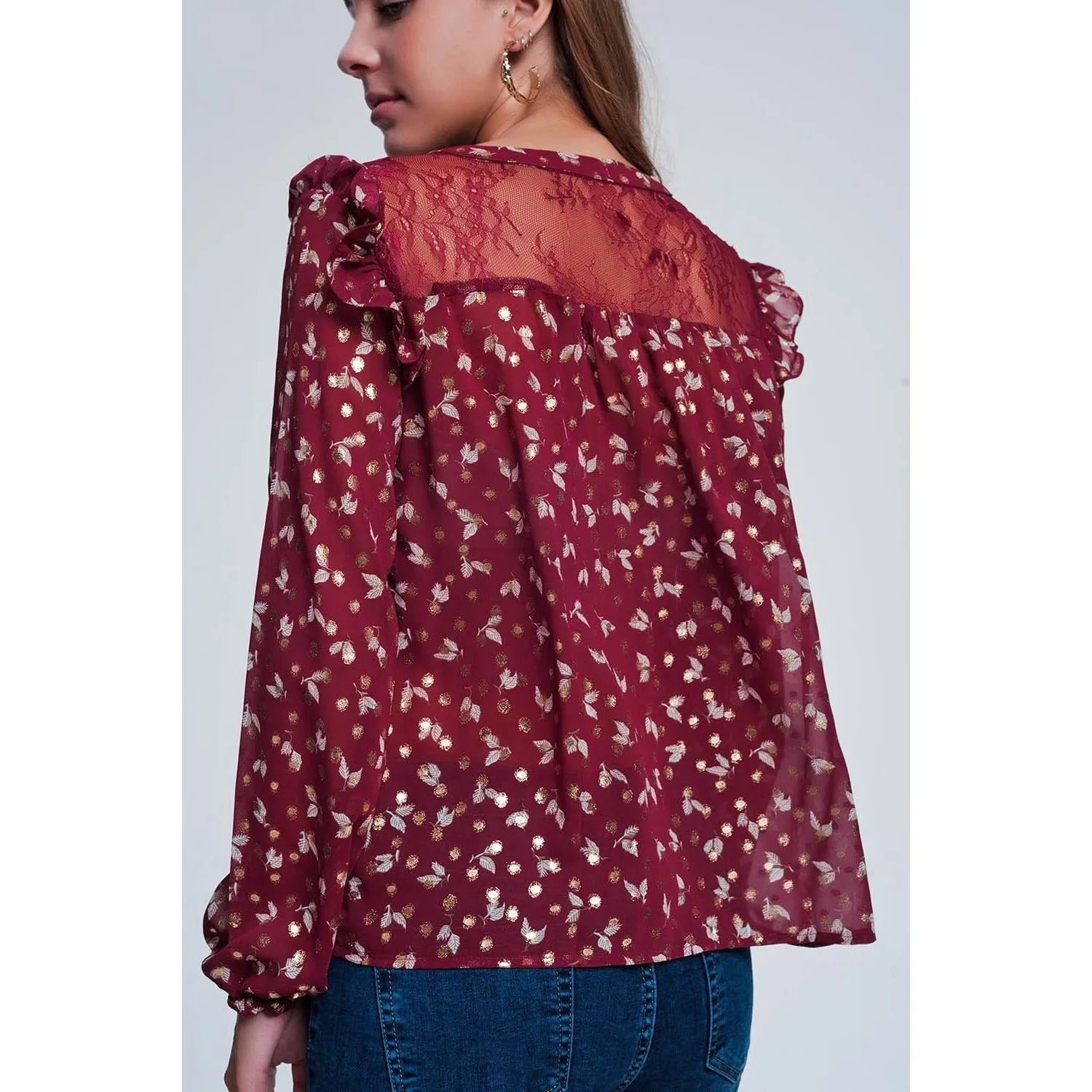 Print Ruffle Shoulder Maroon Shirt