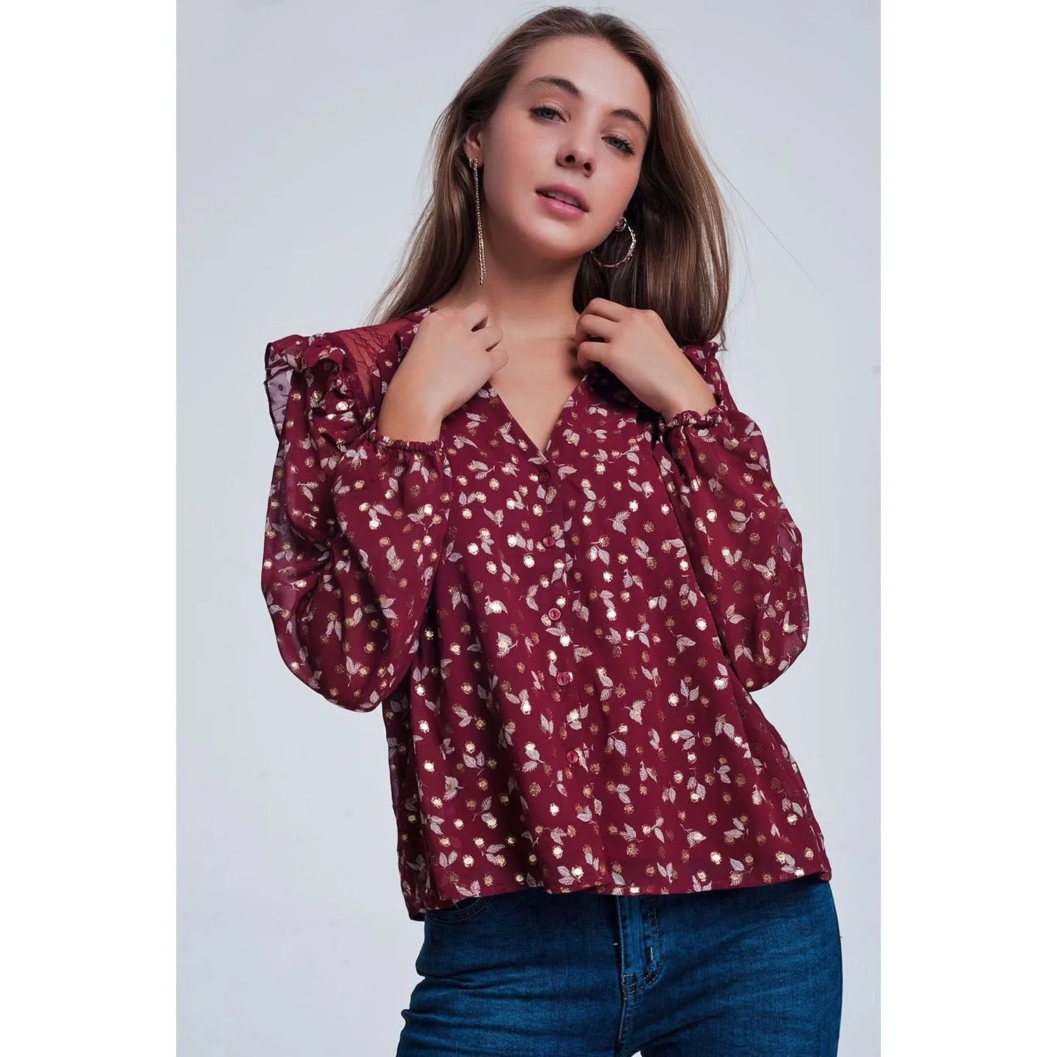 Print Ruffle Shoulder Maroon Shirt