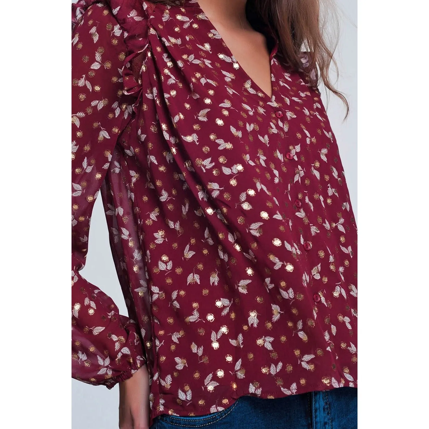 Print Ruffle Shoulder Maroon Shirt