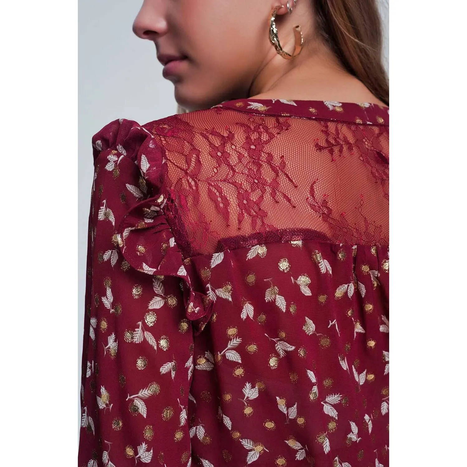 Print Ruffle Shoulder Maroon Shirt