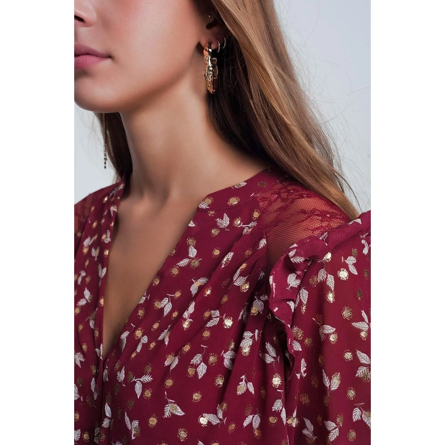 Print Ruffle Shoulder Maroon Shirt