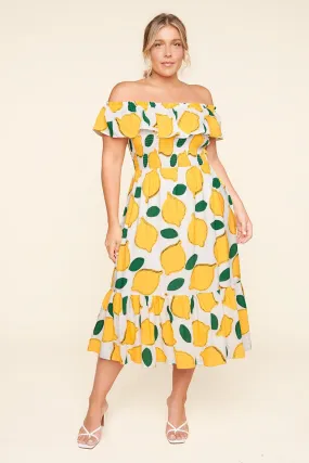 Pucker Up White Lemon Print Off The Shoulder Maxi Dress Curve