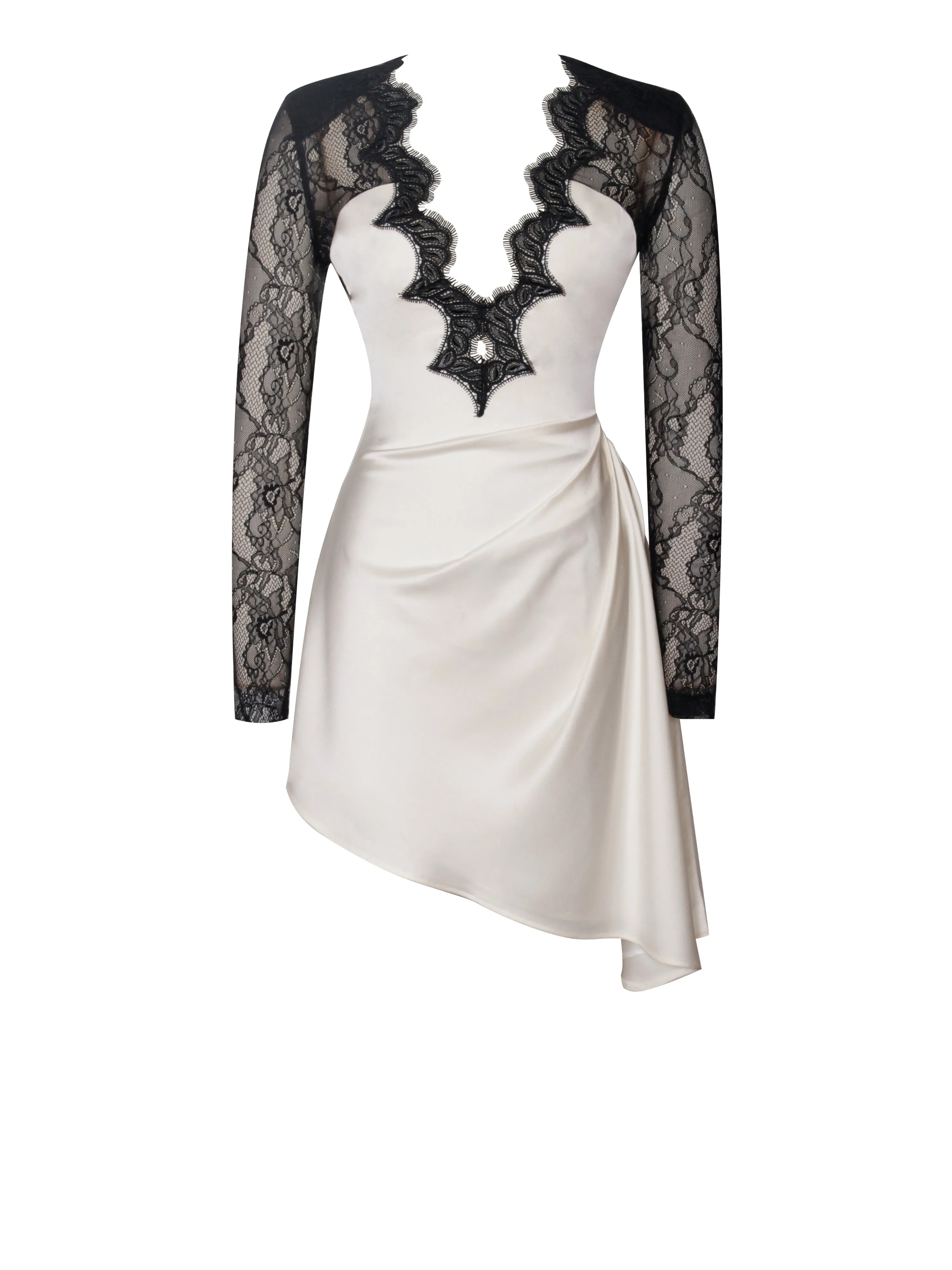 Reese Black Lace Sleeve White Satin Midi Dress