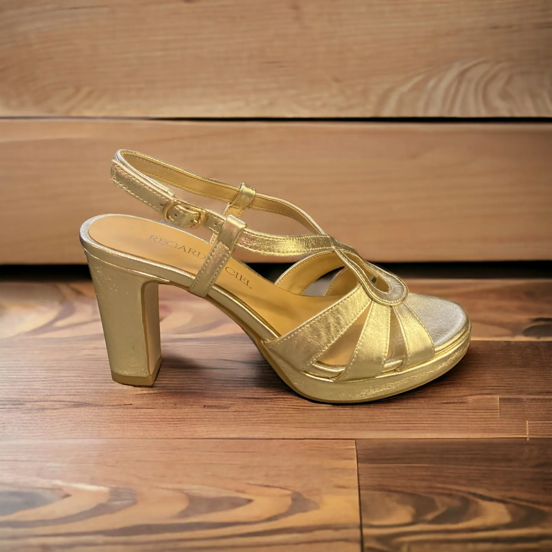 Gold Block Heel Sandal Martina-01 by Regarde Le Ciel