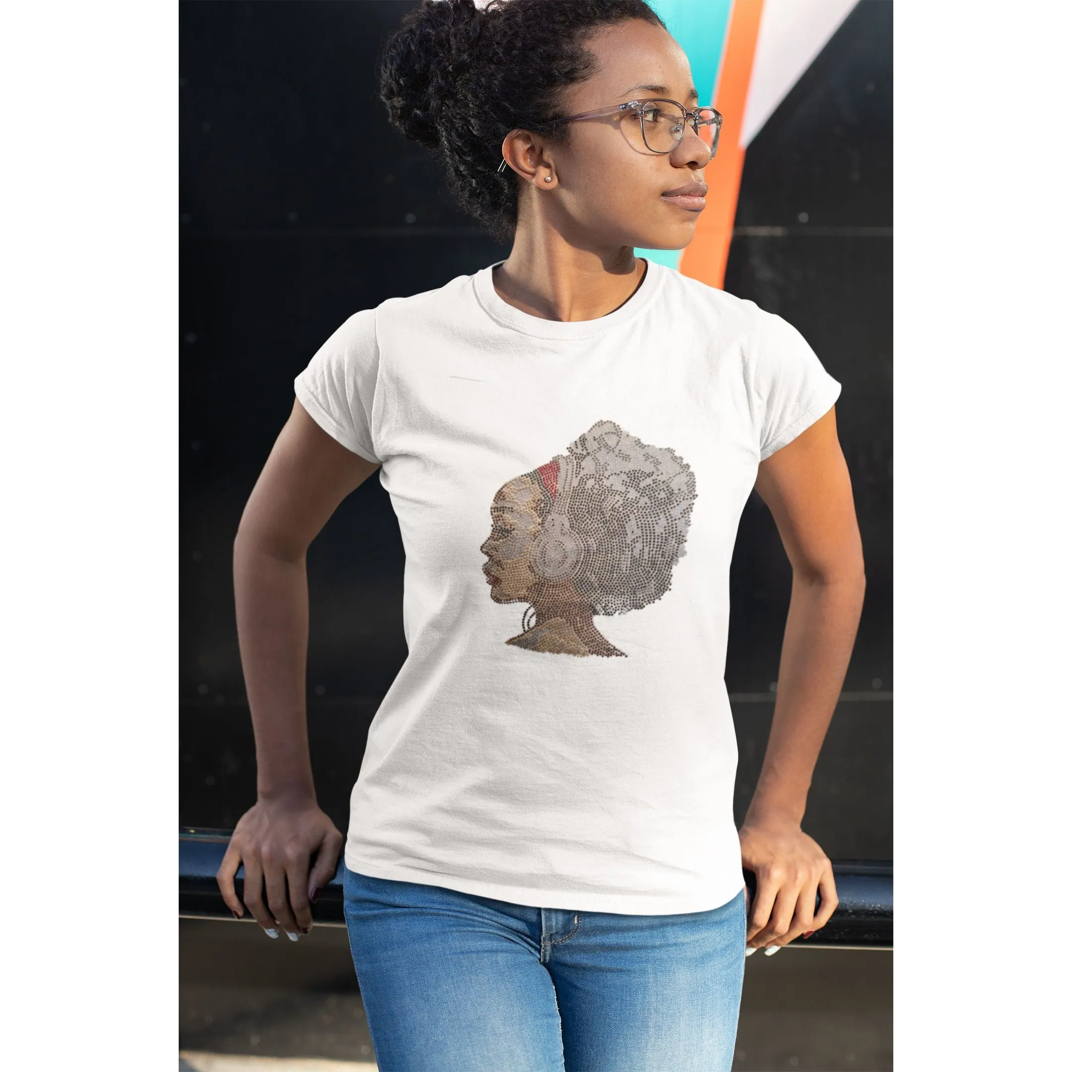 Rhinestone Afro Girl T Shirt With Headphones