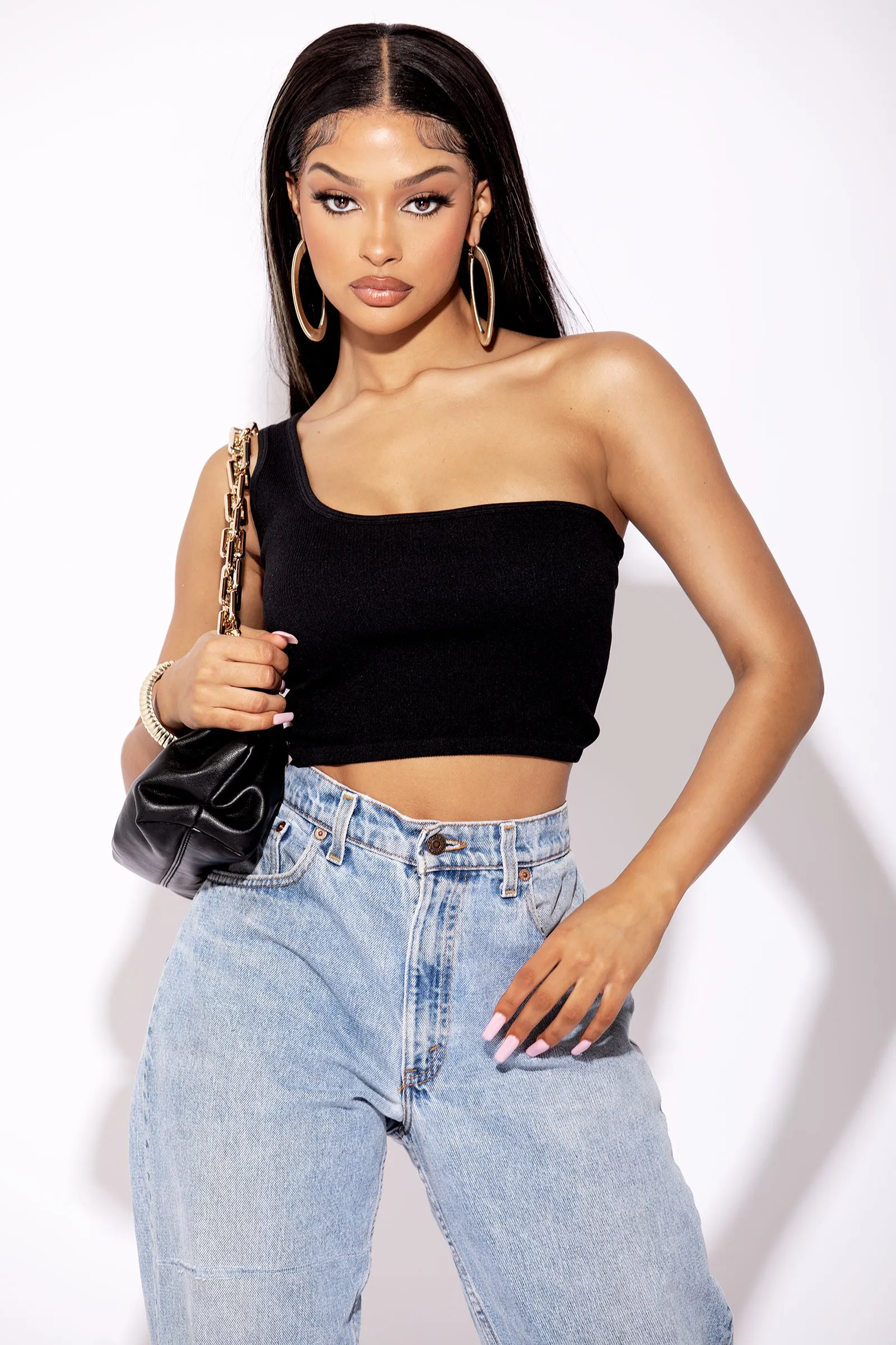 Ribbed Black Crop Top with One Shoulder