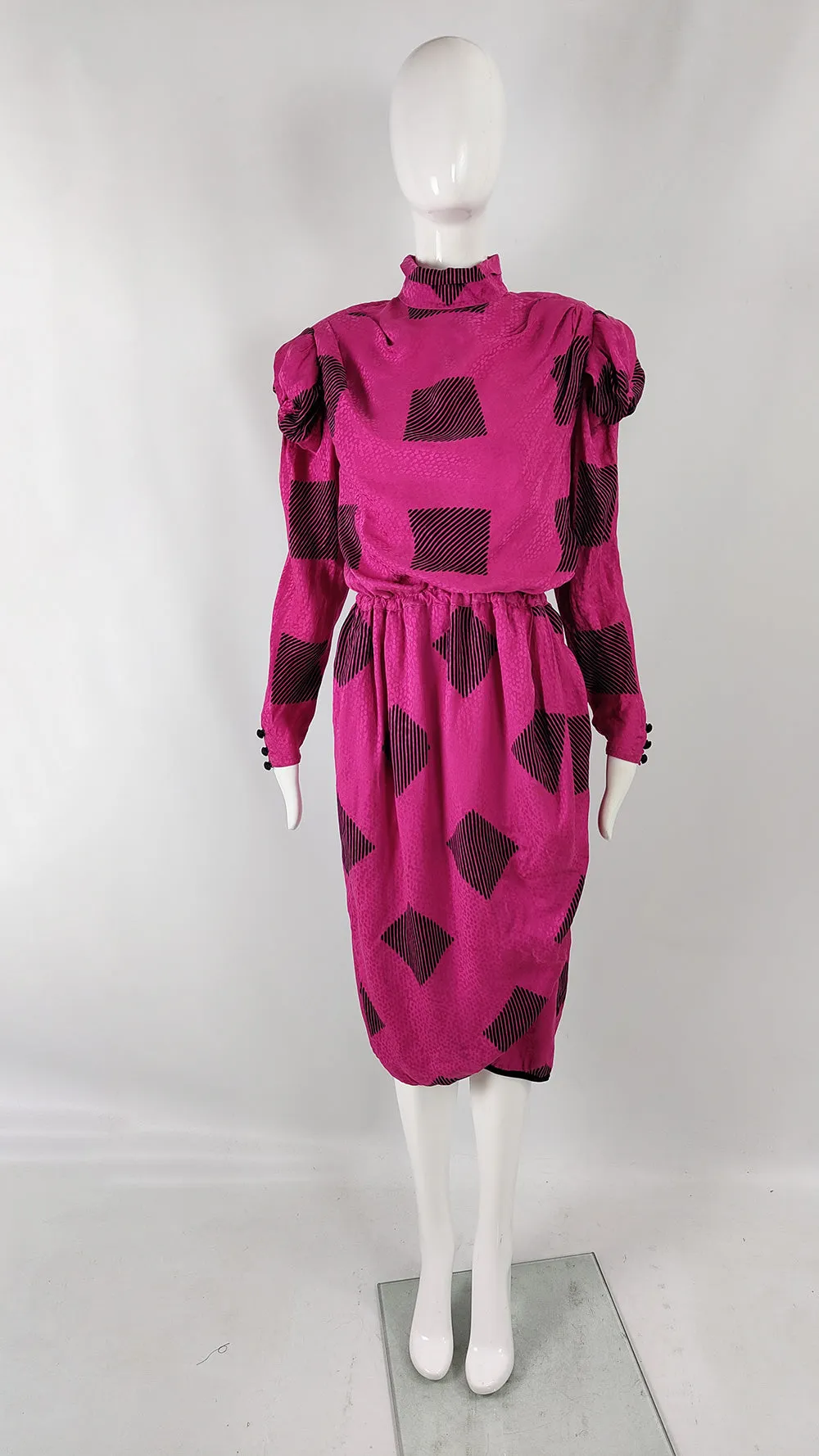 Robina Paris Vintage Fuchsia Silk Shoulder Pads Dress, 1980s