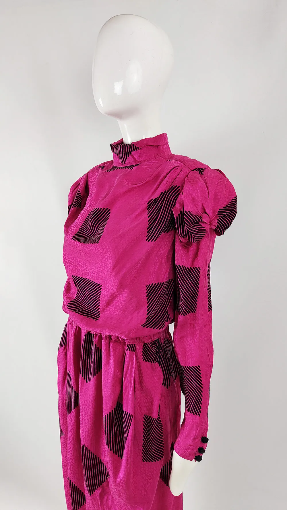 Robina Paris Vintage Fuchsia Silk Shoulder Pads Dress, 1980s