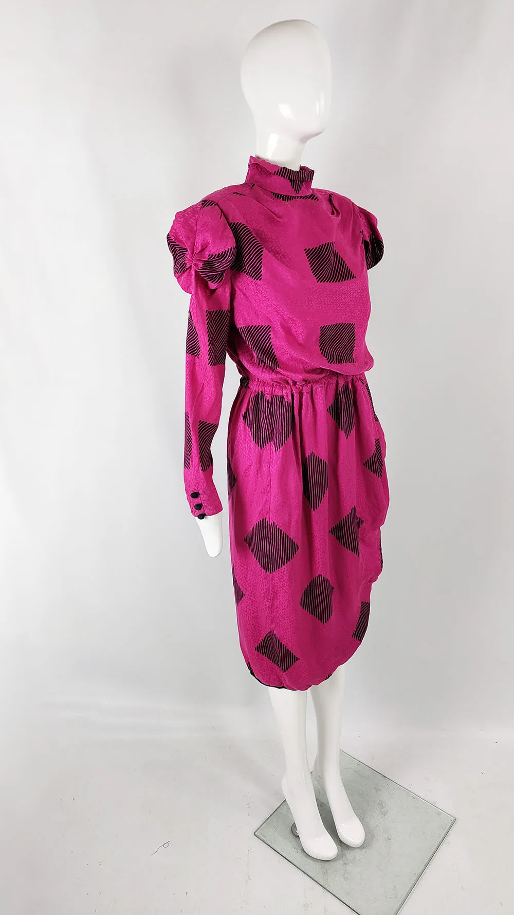 Robina Paris Vintage Fuchsia Silk Shoulder Pads Dress, 1980s