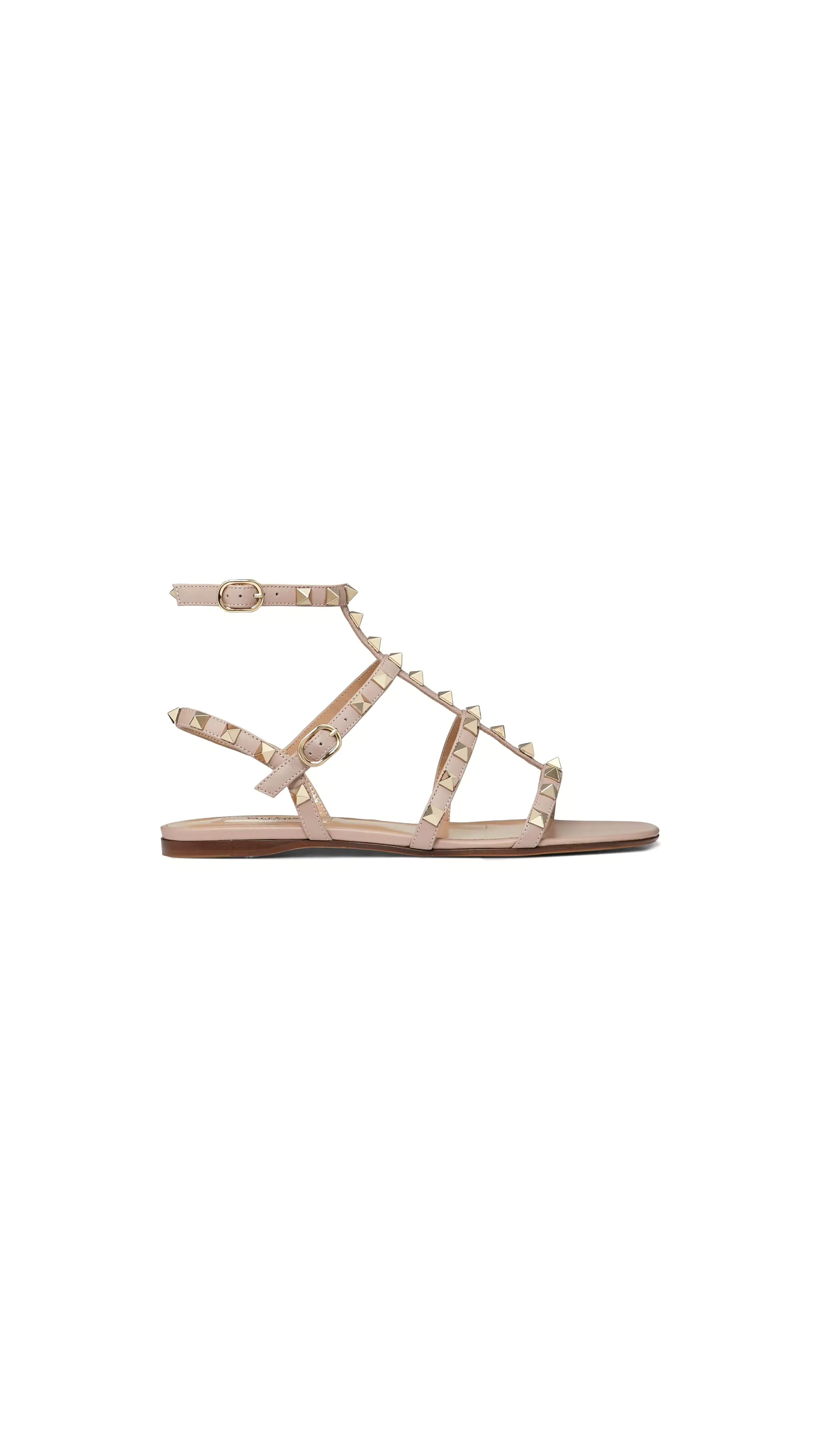 Studded Flat Calf Leather Sandal With Adjustable Straps - Pale Pink