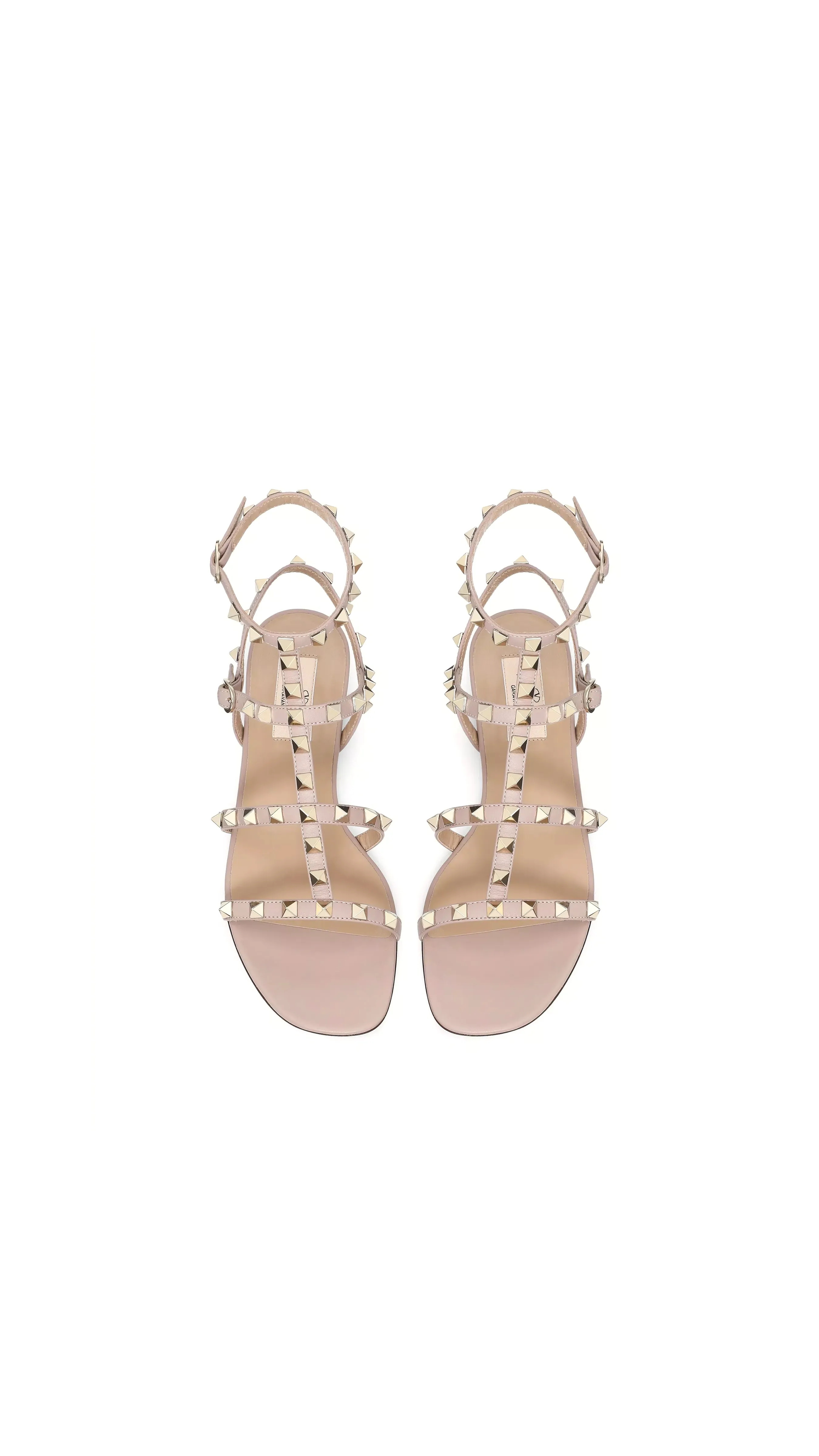 Studded Flat Calf Leather Sandal With Adjustable Straps - Pale Pink