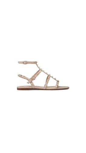 Studded Flat Calf Leather Sandal With Adjustable Straps - Pale Pink