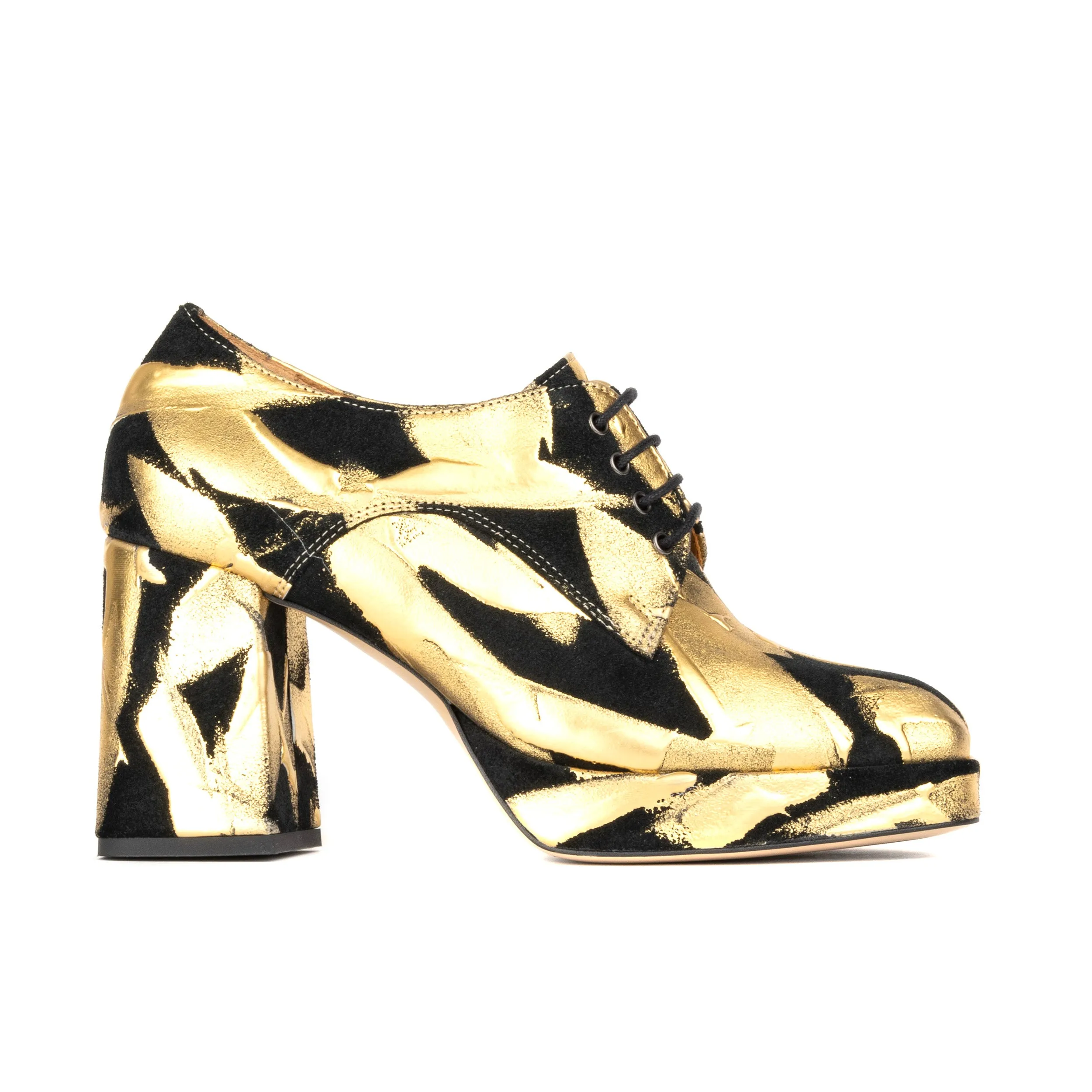 ROULETTE PLATFORM GOLD - Women's leather oxford pump with platform and block heel