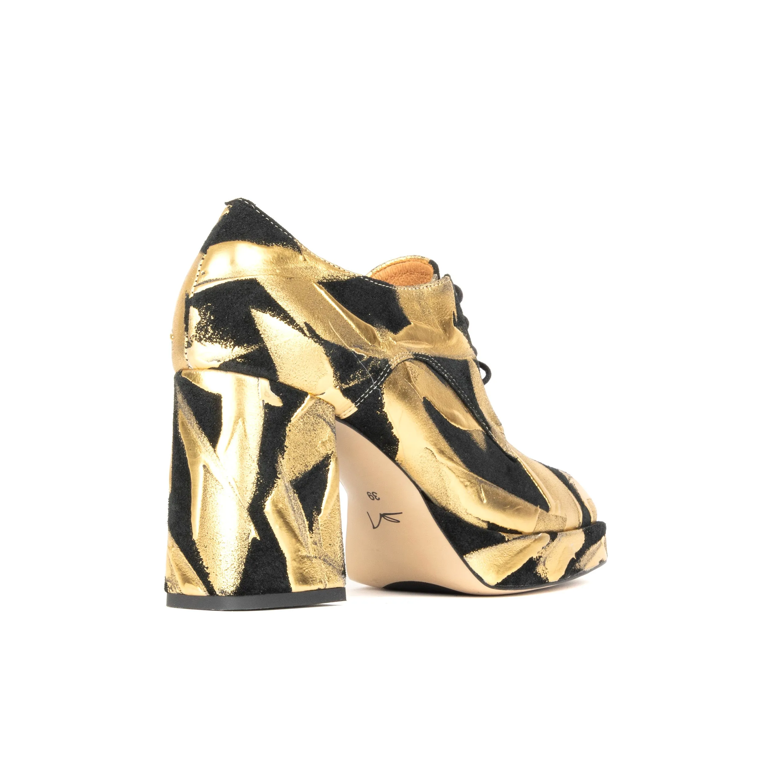 ROULETTE PLATFORM GOLD - Women's leather oxford pump with platform and block heel