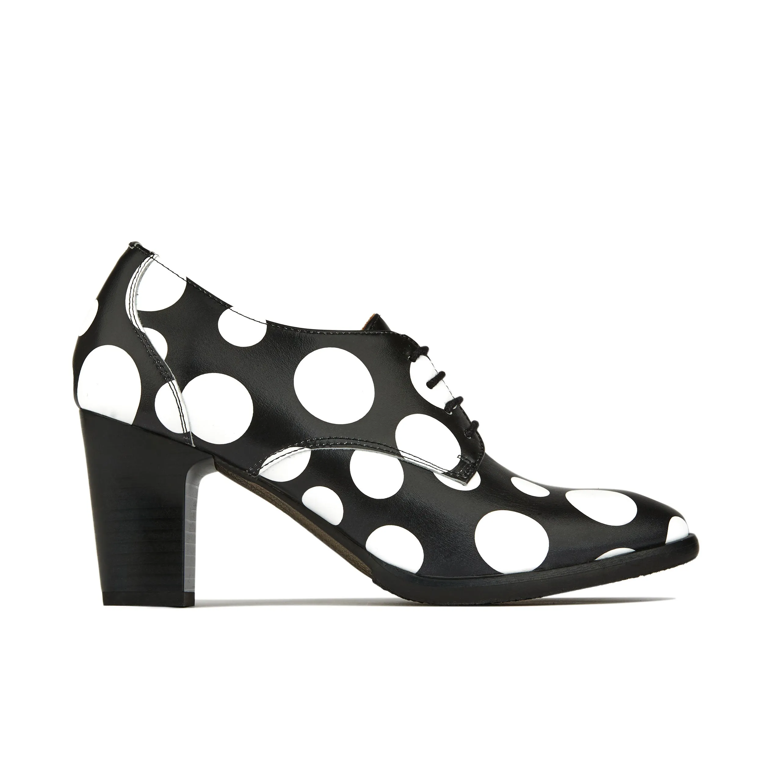 ROULETTE WHITE POLKA - Women's leather oxford pump heel in black & white polka