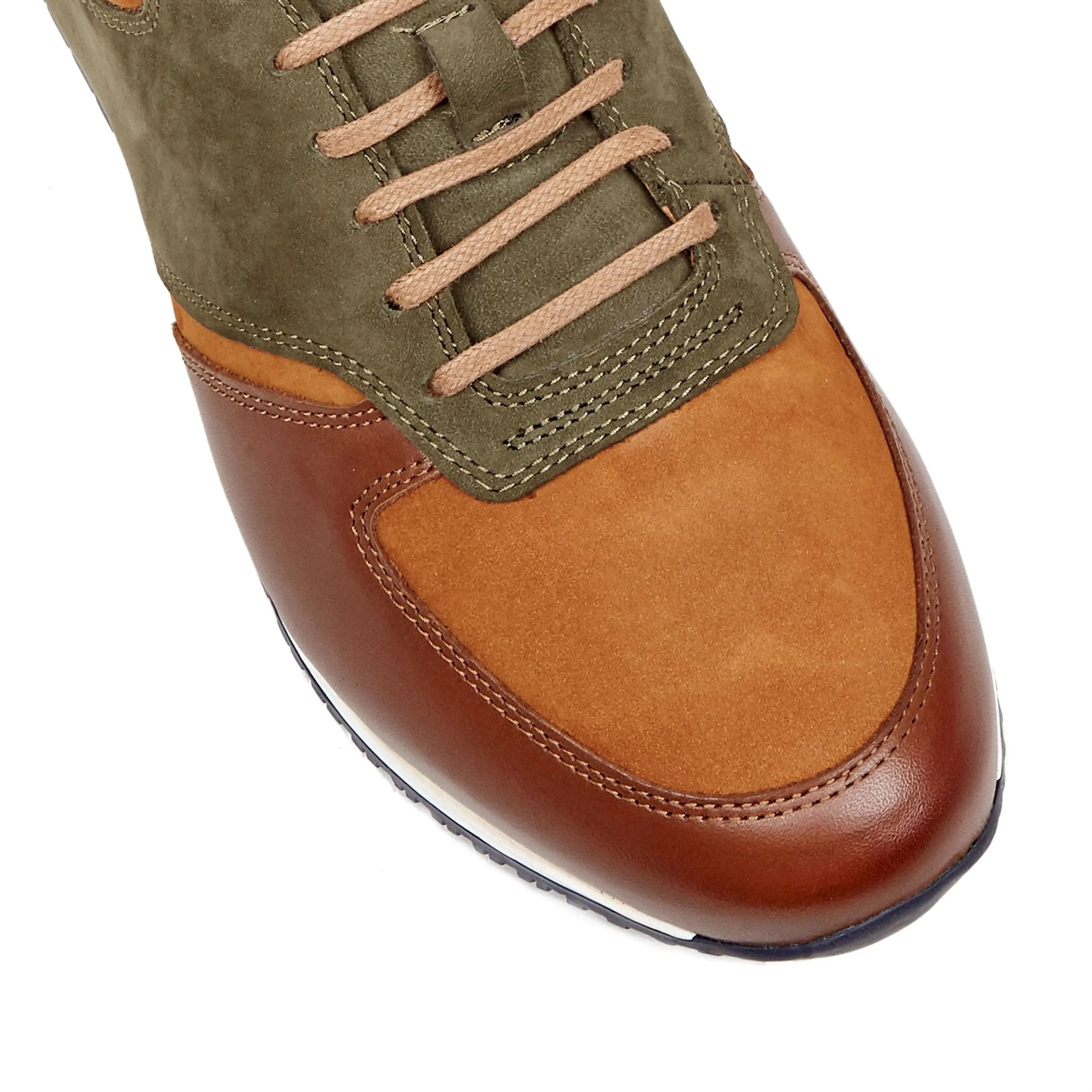 SAN FRANCISCO BROWN - Men's low top leather & suede trainer in brown & green