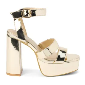 Savage Metallic Ankle Strap Block Heel Platform Sandals