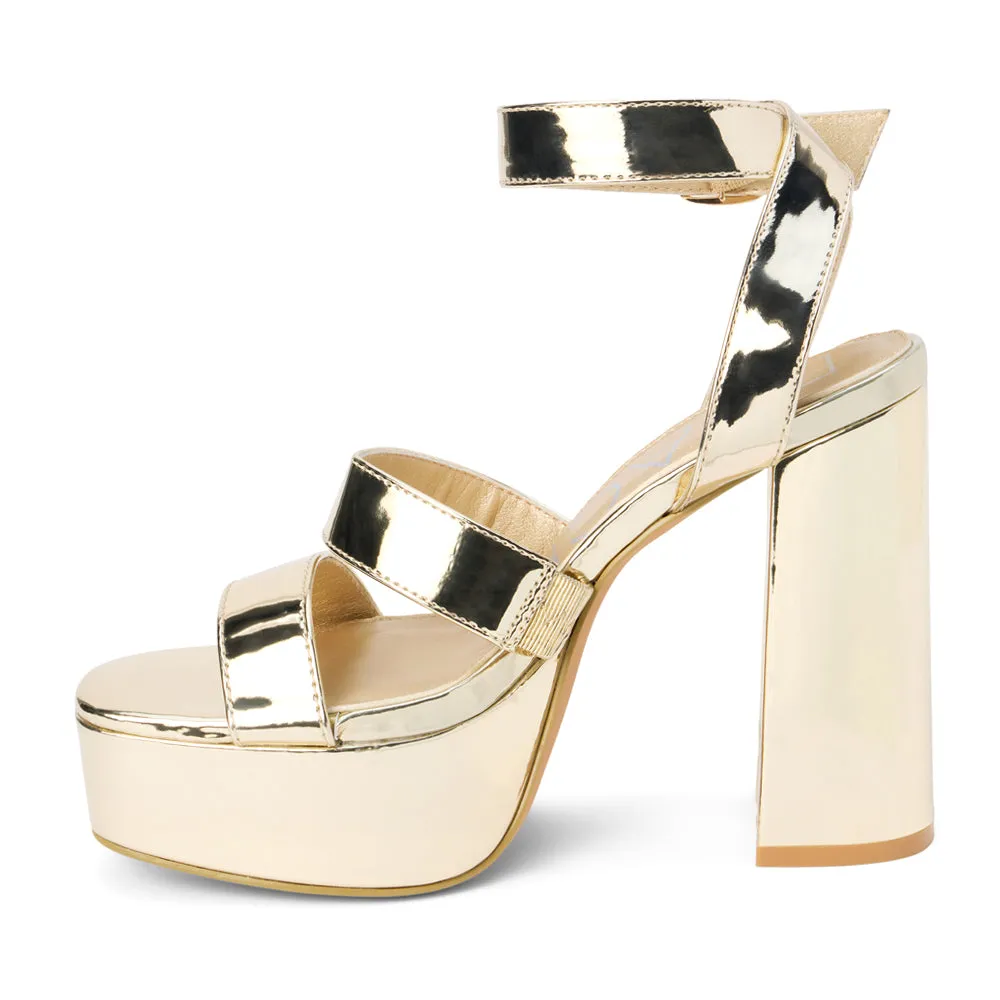 Savage Metallic Ankle Strap Block Heel Platform Sandals