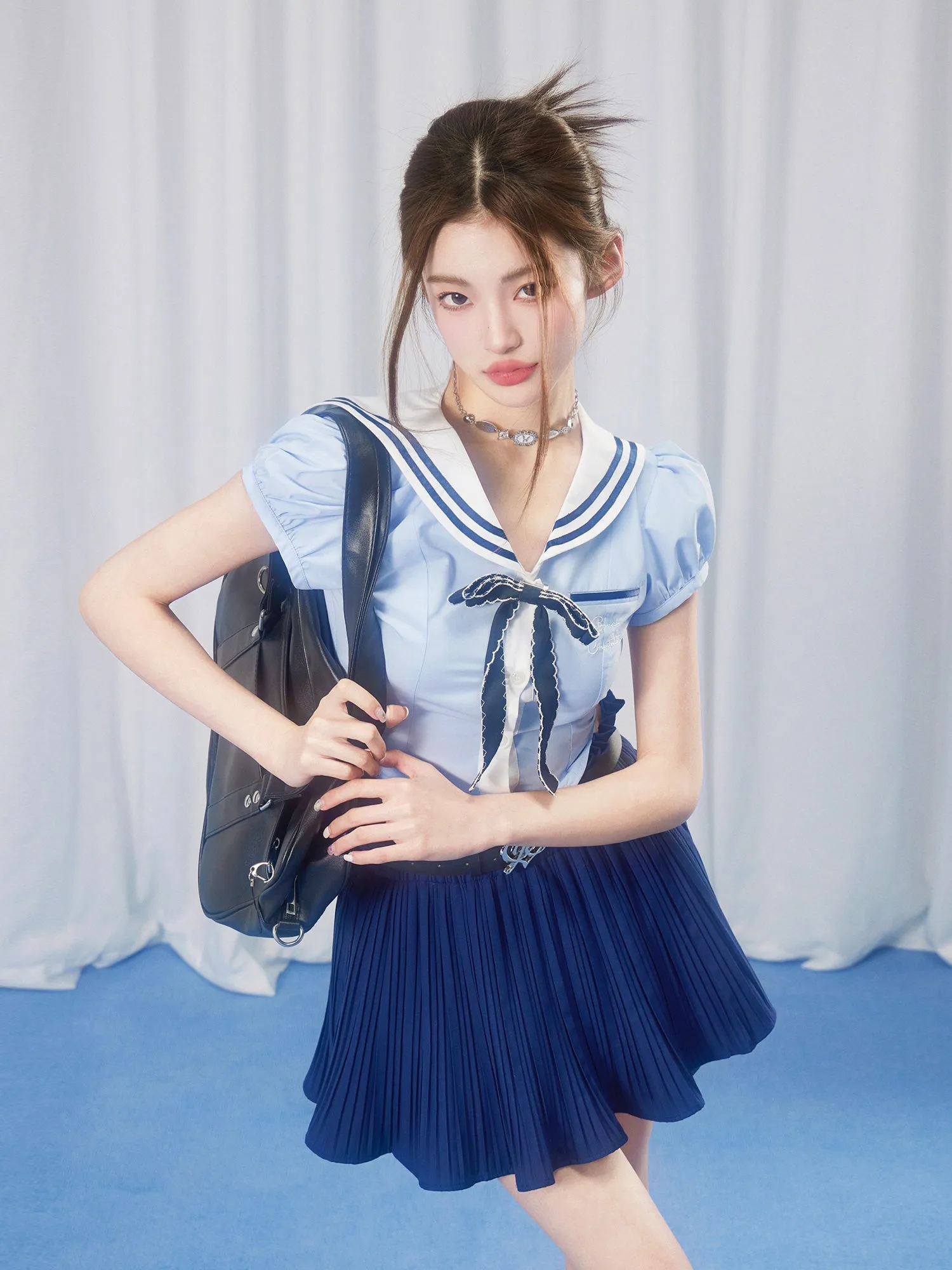 School Girl Puff Sleeve Top & Pleated Skirt