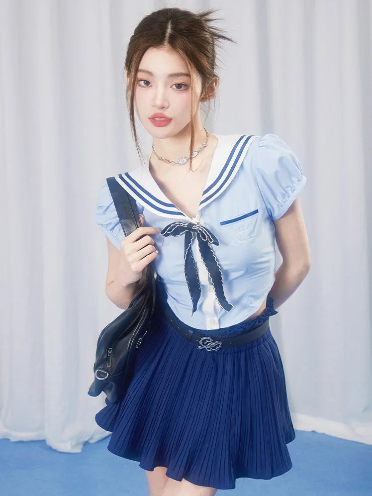 School Girl Puff Sleeve Top & Pleated Skirt