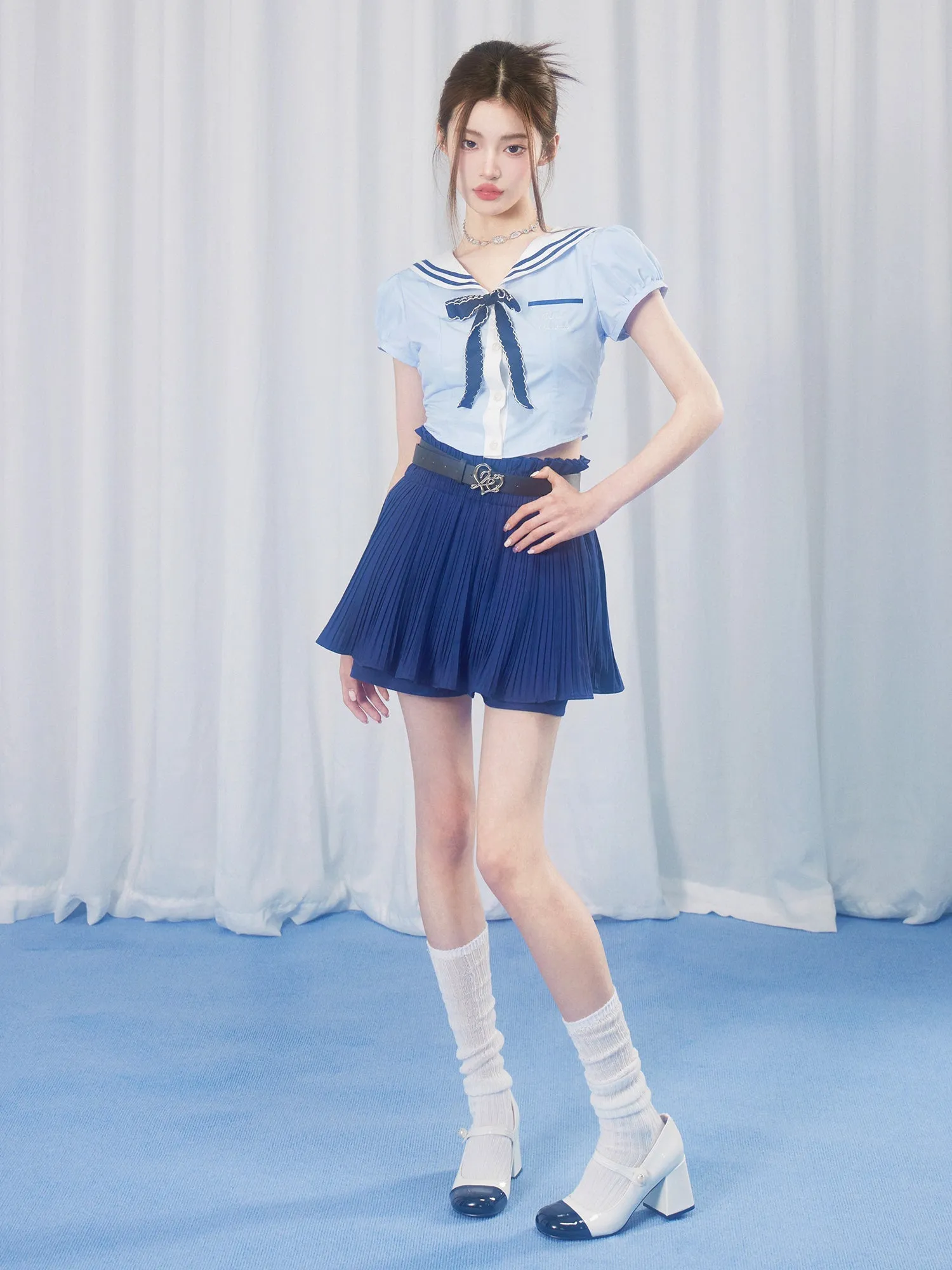 School Girl Puff Sleeve Top & Pleated Skirt