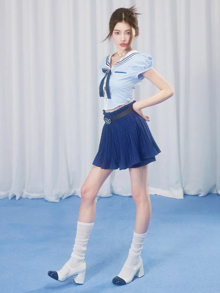 School Girl Puff Sleeve Top & Pleated Skirt