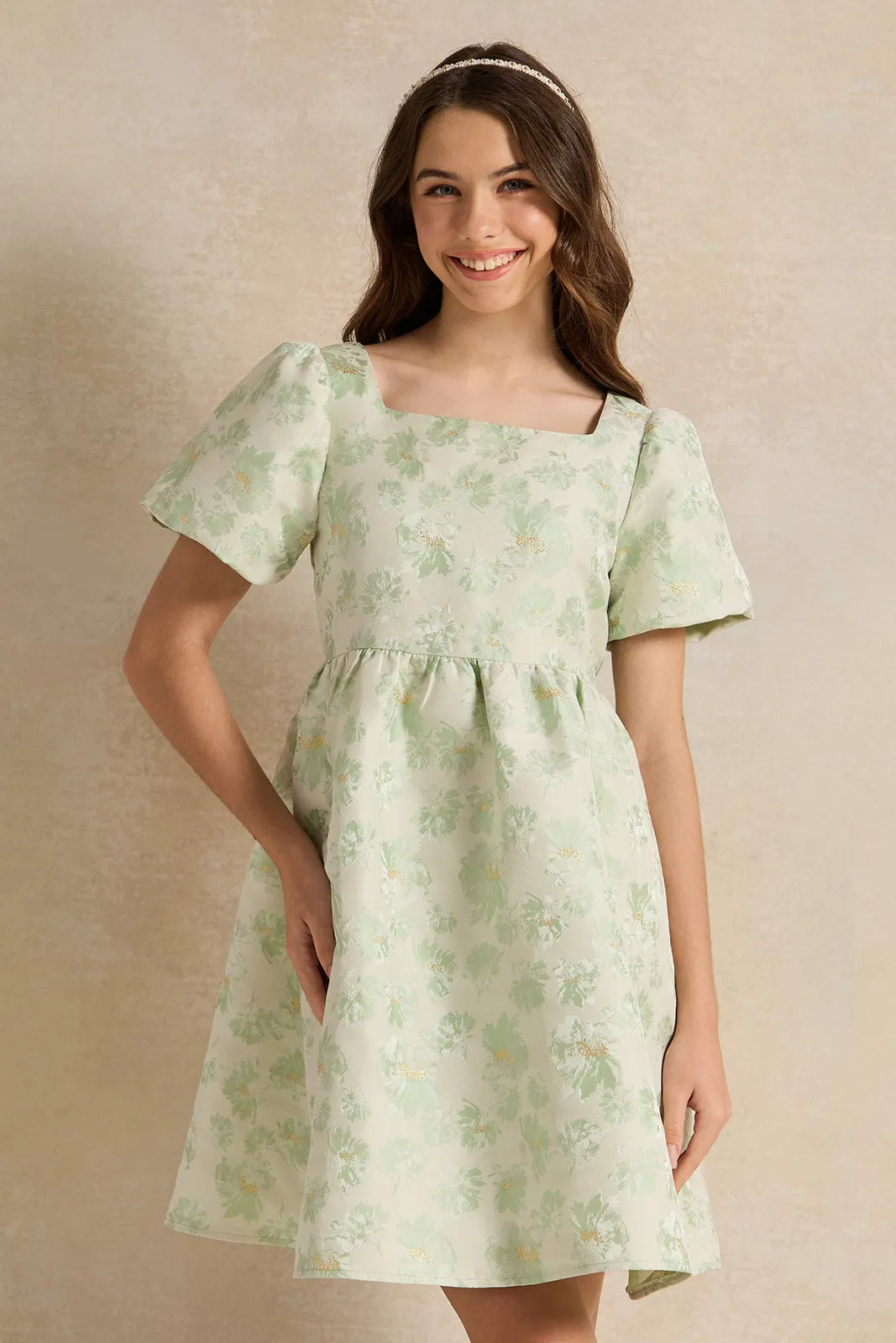 Senior Girls Green Floral Jacquard Dress