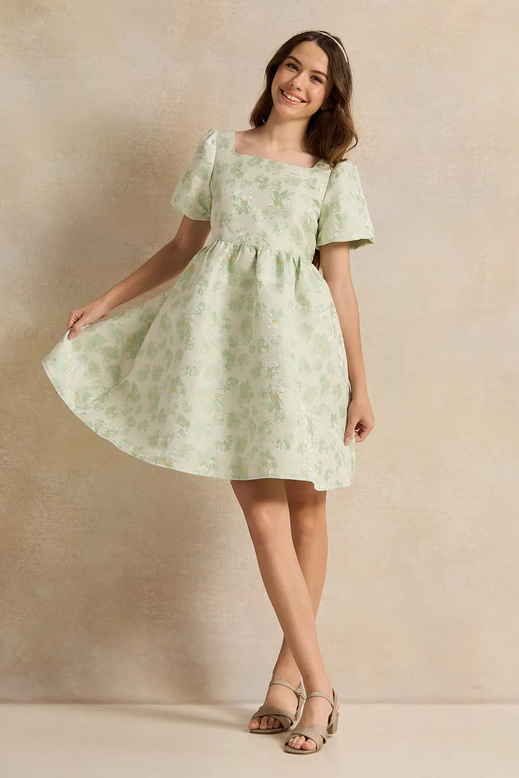 Senior Girls Green Floral Jacquard Dress