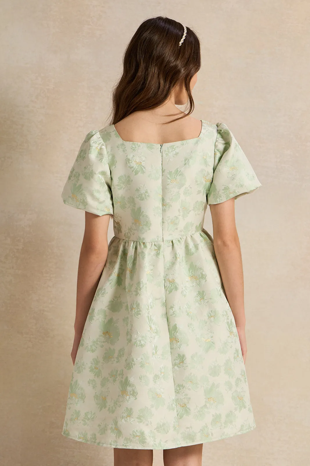 Senior Girls Green Floral Jacquard Dress